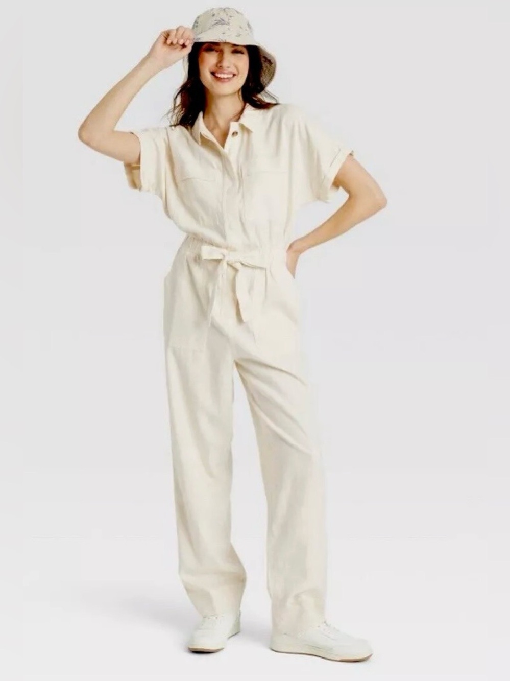 Universal thread|Casual Cream Utility Jumpsuit in short sleeve•100% cotton,boho•